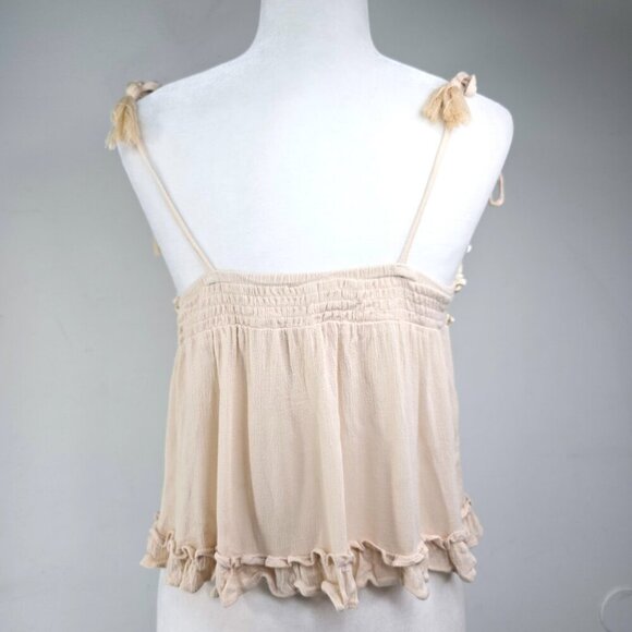 Women's Oatmeal Beige Ruffle Strappy Fringe Crop Cami Tie Shoulder Boho Top - Picture 4 of 5